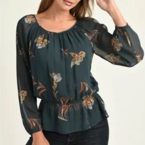 3/$10 DR2 Relaxed Peplum Long Sleeve Blouse in Dark Blue and Orange